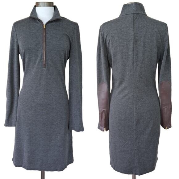 LAUREN Ralph Lauren Gray 1/4 Zip Mock Sheath Dress Size 10 Leather Long Sleeve - Picture 1 of 9